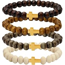Lot De 4 Bracelets En Bois - Motif Catholique (icônes, église) - Taille Ajustable - Pour Homme Ou Femme - Neuf Avec étiquettes