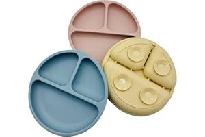 Bojiwavawd Silicone Baby Self Feeding Suction Plates for Toddlers Weaning, 3 Pack Non Slip Divided Feeding Plates Unbreakable Divided Dishes for High Chair Tray (Beige Pink Blue)