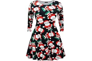 R&N FASHIONS New Womens and Kids Christmas Swing Dress Long Sleeve Santa Print Ladies Xmas Festive