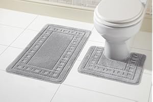 Olivia Rocco Miami Luxury - Juego de 2 alfombrillas de baño y pedestal, antideslizantes, absorbentes de agua, color plateado