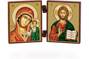 NKlaus – Madonnan från Kazan & Jesus Kristus – kristen ikon/triptyk – Kazanskaja I Spasitel – resealtare i trä 36174