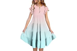 KQIVAM Mädchen Baumwolle Sternenhimmel Farbverlauf Fliegender Ärmel Kleider Sommer Freizeit Kurzarm Knielang Kleid Kurzarm Sommerkleid Strandkleid Mädchenkleid 6-15 Jahre