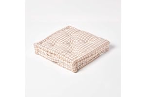 HOMESCAPES Beige & White GINGHAM Check Floor Cushion - 100% Cotton - 40 x 40 x 8 cm Square - Indoor - Garden - Dining chair booster Seat Cushion Pad