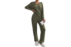 Famulily Womens Pyjamas Set Nightwear, Ladies Ribbed 2 Piece Outfits Loungewear Sets Leisure Suits Homewear V Neck Long Sleeve Jumpers and Wide Leg Trousers with Pockets