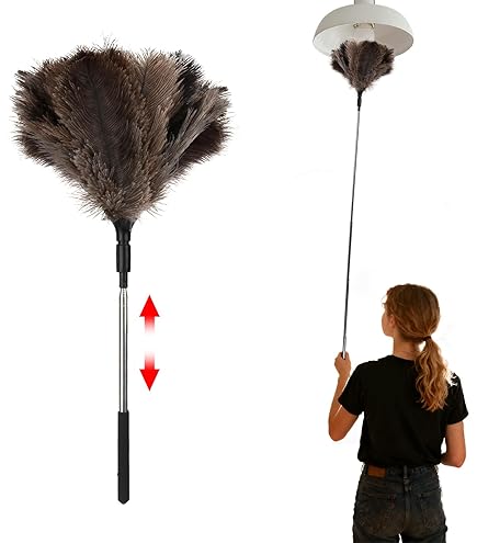 Telescopische plumeau struisvogelveren, lang uittrekbaar met roestvrijstalen handgreep, struisvogelveren, verstelbaar van 43 cm tot 101 cm, stofwisser, antistatisch, wasbaar