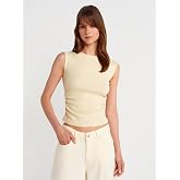 DILVIN Kadın Kolsuz Crop T-Shirt Bisiklet Yaka Yan B&uuml;zg&uuml; Detaylı Fitted Pamuklu Ribana G&uuml;nl&uuml;k Basic Tiş&ouml;rt