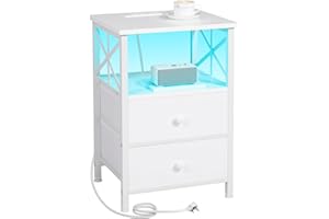 AMHANCIBLE Bedside Table, Side Table with Charging Station and Led Lights, Bedside Cabinet with 2 Fabric Storage Drawers, End Table, Sofa Side Table, Nightstand for Living Room, Bedroom White