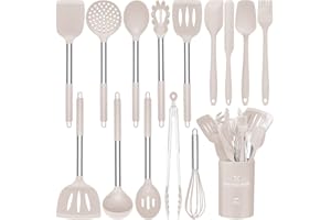 DLD Set di 15 utensili da cucina in silicone, resistenti al calore, con manici in acciaio inox di alta qualità, per cucinare e cuocere, spatole antiaderenti