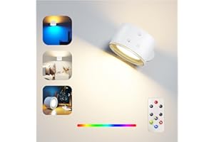 Feallive Lámpara de Pared, Aplique de Pared con Mando a Distancia Ambiental RGB con Batería Recargable, Función de Temporizador de 1 Hora con Control Táctil 360° Giratoria (Blanco + Luz de colores)