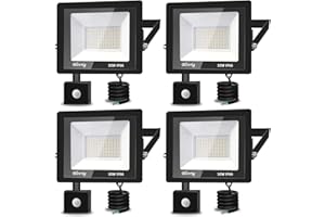 BLIVRIG Faretto LED con sensore di movimento, 50 W, 4 pezzi, 5000 lumen, per esterni, 6000 K, luce bianca fredda, sensore di movimento, faretto da esterno IP66, impermeabile, per giardino, cortile, garage,