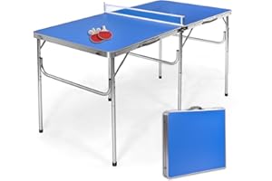 GYMAX Table de Ping-Pong Pliable, 152,4 x 76,2 x 76,2 CM, Mini Table de Tennis avec 2 Balles et 2 Raquettes, Table Portable pour Tennis pour Intérieur et Extérieur (Bleu)