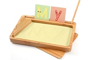 ATMINI Montessori Plateau à sable pour l'entraînement précoce des lettres et des signes Jouet en bois Montessori Table à sable Jouet éducatif pour le développement moteur précoce chez les enfants (jaune)