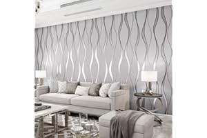 Baketron Beige Grey Wallpaper Silver Glitter Textured 3D Effect Embossed Wallpapers Wave Stripes Wall Paper Roll Modern Feature for Living Room Bedroom Adults Hallway Kitchen Front Room (Beige Grey)