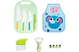 gvivej Set de Couteaux Sûr, 13 Pièces Couteaux de Cuisine pour Enfants, Avec Tablier De Dessin Animé Et Planche à Découper, Convient Pour La Cuisine Parent Enfant