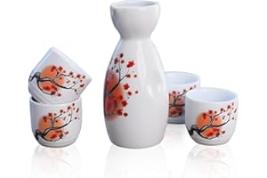 Liwein Service à Saké Japonais,5 Pièces Céramique Bouteille de Saké Traditionnelle Peint à la Main Fleurs de Cerisier Porcelaine Poterie Tasses (Rot)
