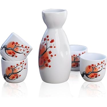 Set Sake Giapponese In Ceramica DOITOOL - 5 Pezzi Con Tazze (180 Ml) E Boccale (20 Ml)