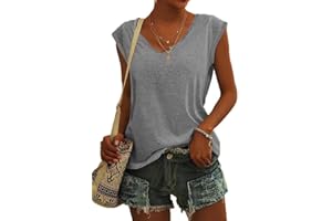 ASKSA Femme T-Shirt Débardeur Col en V à Mancherons été Couleur Unie Sport Tee Hauts Chemises Amples de Base Shirts