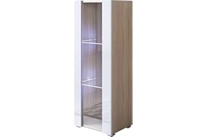 MB Muebles Bonitos, Vetrina Con Piedini 2cm Luke V2, LED, Melamina, Finitura Opaca e Lucida, Sonoma e Bianco, 40x128x29cm