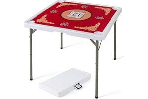 GYMAX Folding Mahjong Table, 35” Portable Card Table with Cup Holders and Carrying Handle, 4 Player Square Domino Playing Desk for Mahjong Poker (Red)