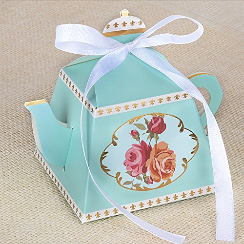 50 Stk Mini Pappe Teekanne Gastgeschenk Box inkl. Seidenbänder Geschenkbox für Hochzeit, Taufe usw. Pralinenschachtel süßigkeiten Bonboniere (Hellgrün) - 6