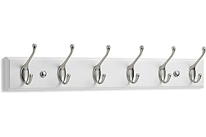 LARHN Appendiabiti da Parete Bianco – 6 Ganci Doppi – 59 cm – Attaccapanni da Muro Moderno in Legno per Ingresso, Cameretta e Bagno