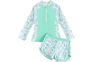 DIVINGBIRDS Girls Swimming Costume Padded Bras Long Sleeve Kid Swimsuit Two Pieces Swimming Suit Girl Swimwear with Swim Short 8-12 Years