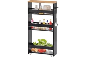 ‎FETINES FetiNes Rollwagen 4 Ebenen, Küchenwagen schmal, Nischenregal auf Rollen, Stahl, Griff, für kleine Räume, 40 x 14 x 80 cm, Küche, Bad, Wohnzimmer, Arbeitszimmer, Schwarz + Eichenfarben