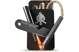Bush Gear Outdoor Feuerstahl-Set & Zunder in Aluminiumdose inkl. 2X Ersatz-Zunder - Feuerstarter Set für Outdoor Survival Camping Kit - Feuerstein für jedes Wetter - 60 Minuten Brenndauer pro Docht