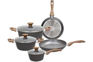 Tognana Great Stone, Batteria di pentole e padelle, Set con 2 padelle, 3 casseruole, 3 coperchi trasparenti, 8 Pezzi, Alluminio, Grigio
