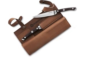 BURNHARD Set de couteaux à steak 24 cm avec manche en bois Pakka et protège-lame en cuir, longueur de la lame 12 cm - 4 pièces