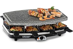Cloer 6430 Raclette con piedra natural, 1200 vatios, 8 Sartenes con revestimiento antiadherente con asas termoaislantes