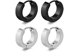 Momeski 2 Pairs Stainless Steel Black Silver Matte Men's / Women's Earrings 4 mm / 9 mm Classic Hoop Earrings (Black and Silver), Titanium Metal