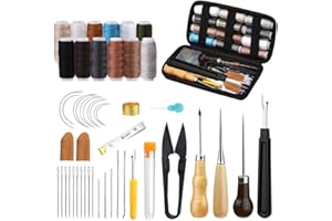 HIOQFR 49pcs Kit Costura Cuero Set Herramientas Cuero a Mano con Aguja Coser Cuero Hilo Reparación de Costura de Cuero para Manualidades Leather Sewing Kit de Costura de Piel Artesanía de Cuero DIY