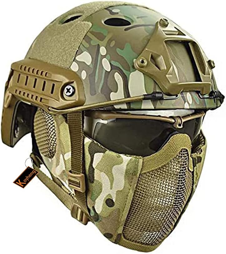 Casco Táctico Fast MH Combinado, con Protección Auditiva Plegable, Máscara de Malla de Media Cara y Gafas para el Juego de Juego Airsoft Paintball CS