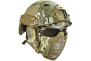 ‎KOYHENG MH Taktik Fast Helm kombiniert, Mit Faltbarer Gehörschutz Halbgesichts Netz Maske und Goggles für Airsoft Paintball CS Game