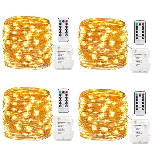 GDEALER 4er Stück 5M 50 LEDs Lichterkette 8 Modi Außenbeleuchtung Batteriebetrieben Kupferdraht Wasserdicht IP65 mit Fernbedienung und Timer für Outdoor, Innenbeleuchtung, Garten, Hochzeit, Party, Weihnacht und Haus Deko – Warmweiß