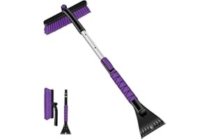 Odoland Car Snow Brush with Ice Scraper 86cm Extendable Car Snow Remove Tools for Car Windshield with Foam Grip and 360° Pivoting Brush Head for Christmas Car Auto Truck SUV, Purple