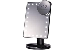 ‎H&S H&S Lusterko do makijażu z jasnym oświetleniem LED – regulowane lusterko kosmetyczne ze światłem w kolorze czarnym – z małym, okrągłym lusterkiem punktowym z 10-krotnym powiększeniem