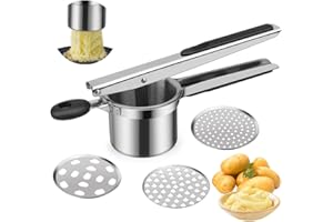 ATLIBERSWO kartoffelpresse edelstahl,Kartoffelpresse für Kartoffelbrei, Gemüsebrei, mit 3-Loch-Scheibe, ergonomischem Design und Silikongriff