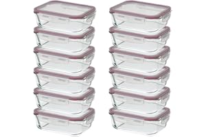 CASASELECCION 12 Tuppers de Cristal Hermético con Tapa 630 ml para Comida - Forma Rectangular, Uso Apto en Horno/Microondas/Lavavajillas/Congelador, Sin BPA