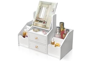LEcylankEr Make up Organizer mit Schublade, Schminktisch Organizer mit Spiegel, Weiß Cosmetic Organizer, Desktop Kosmetik Organizer, für Kommode/Schlafzimme/Badezimmer (Quadratischer Spiegel)
