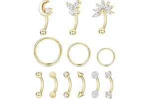 CASSIECA 12pcs 16G Rook Piercing Joyas Anillos de Cejas Acero Inoxidable Labio del Vientre Ring Cartílago Aro Rook Daith Pendientes Tragus CZ Piercing para el Cuerpo con Barra Curva