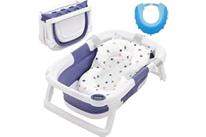 HOMCENT Baby Bathtub with Temperature Sensing,Baby Shower Cap Visor Hat for Eye and Ear Protection,Foldable Baby Bathtub Newborn with Seat Support Cushion Stand,Portable Safe Shower for 0-3 Years Old