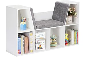 ‎COSTWAY COSTWAY Kinder Bücherregal mit Kissen, 6 Fächer Kinderregal aus Holz mit Rückenwand, Aufbewahrungsregal Würfelregal Bücherschrank für Kinderzimmer Schlafzimmer, 103 x 30 x 63cm (Weiß)