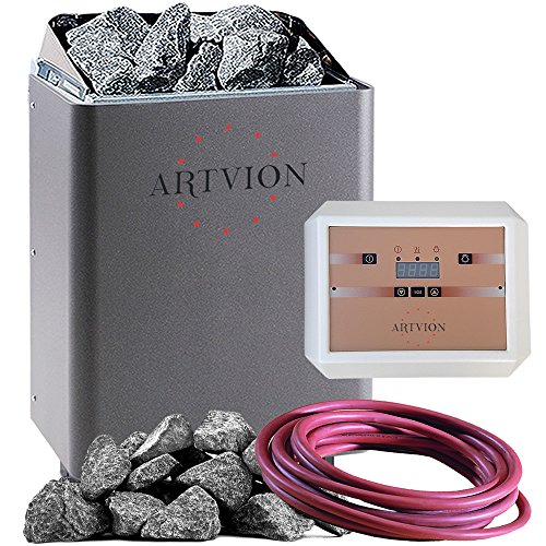 Saunaofen-Set ECONOMY-Plus-Anthrazit, finnischer Saunaofen 7,5 kW inkl. Saunasteuerung mit Vorwahl, Made in Germany und Original Premium Saunasteinen von ARTVION