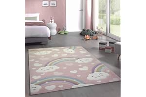 CARPETIA Alfombra Infantil Alfombra de Juego Arcoiris con Nubes Rosa Größe 140x200 cm