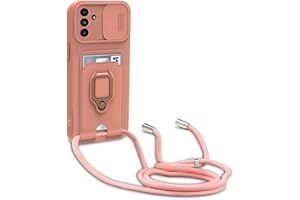yanasuo Schiebe Kameraschutz Silikon Handykette Hülle kompatibel mit Samsung Galaxy A15, Metall Ring Halter Handy Cover,Verstellbarer Halskette Handyhülle-Pink