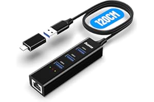 Aceele USB 3.0/ USB C Ethernet Adapter Schwarz, Thunderbolt 3 zu Gigabit 4 USB 3.0 Adapter kompatibel mit MacBook Air/Pro, iPad Pro/Air, Surface Pro 8, Galaxy S22/S21 und USB-A Computer(120cm)