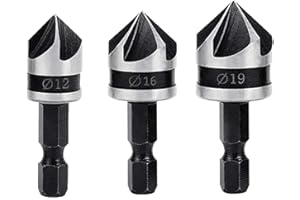 Treki 3PCS Fraises à Chanfreiner 90 Degrés 5 Flûte Conique à Noyer 12mm/16mm/19mm 1/4" Hex Foret Fraisage en Acier au Carbone pour Coupe de Chanfreinage de Bois