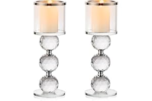 Sziqiqi Crystal Pillar Candle Holder Set of 2, Clear Glass Candlestick Holders Tealight Candle Stand Candlelight Dinner Table Centerpiece for Wedding Gifts Mantlepiece Fireplace Decoration, Silver Rim